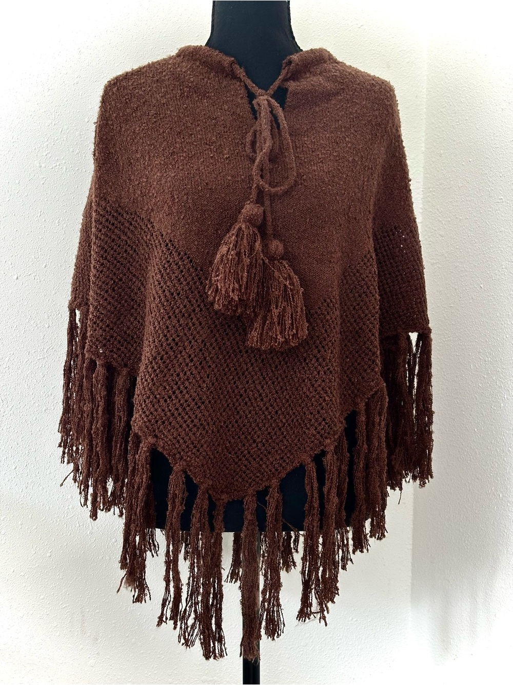 BCBG Brown Fringe Knit Poncho with Tassel Tie